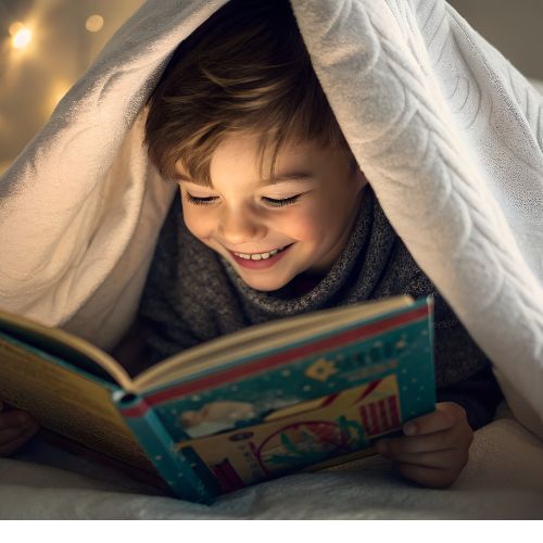 Boy reading a book under a blanket