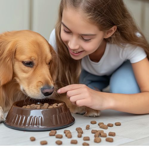 Girl smiling while feeding her dog